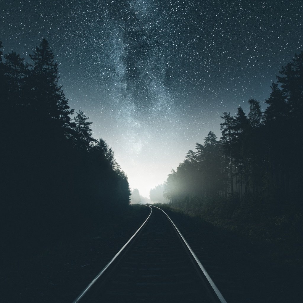 Обои небо, дорога, ночь, лес, звезды, железная, млечный путь, the sky, road, night, forest, stars, iron, the milky way разрешение 1920x1280 Загрузить