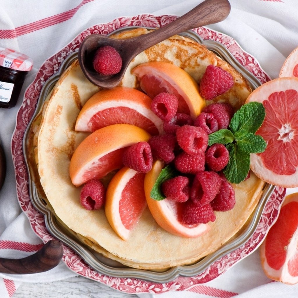 Обои малина, джем, завтрак, блинчики, блины, грейпфрут, raspberry, jam, breakfast, pancakes, grapefruit разрешение 1920x1080 Загрузить