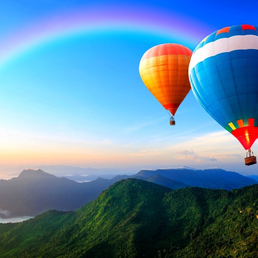 Обои небо, горы, радуга, воздушный шар, the sky, mountains, rainbow, balloon разрешение 1920x1200 Загрузить