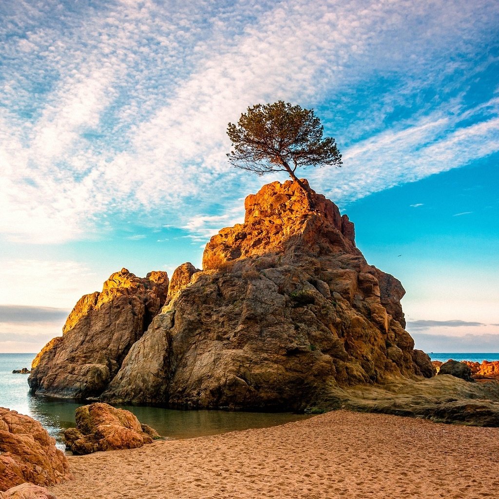 Обои вода, дерево, лучи, море, скала, рассвет, water, tree, rays, sea, rock, dawn разрешение 1920x1200 Загрузить