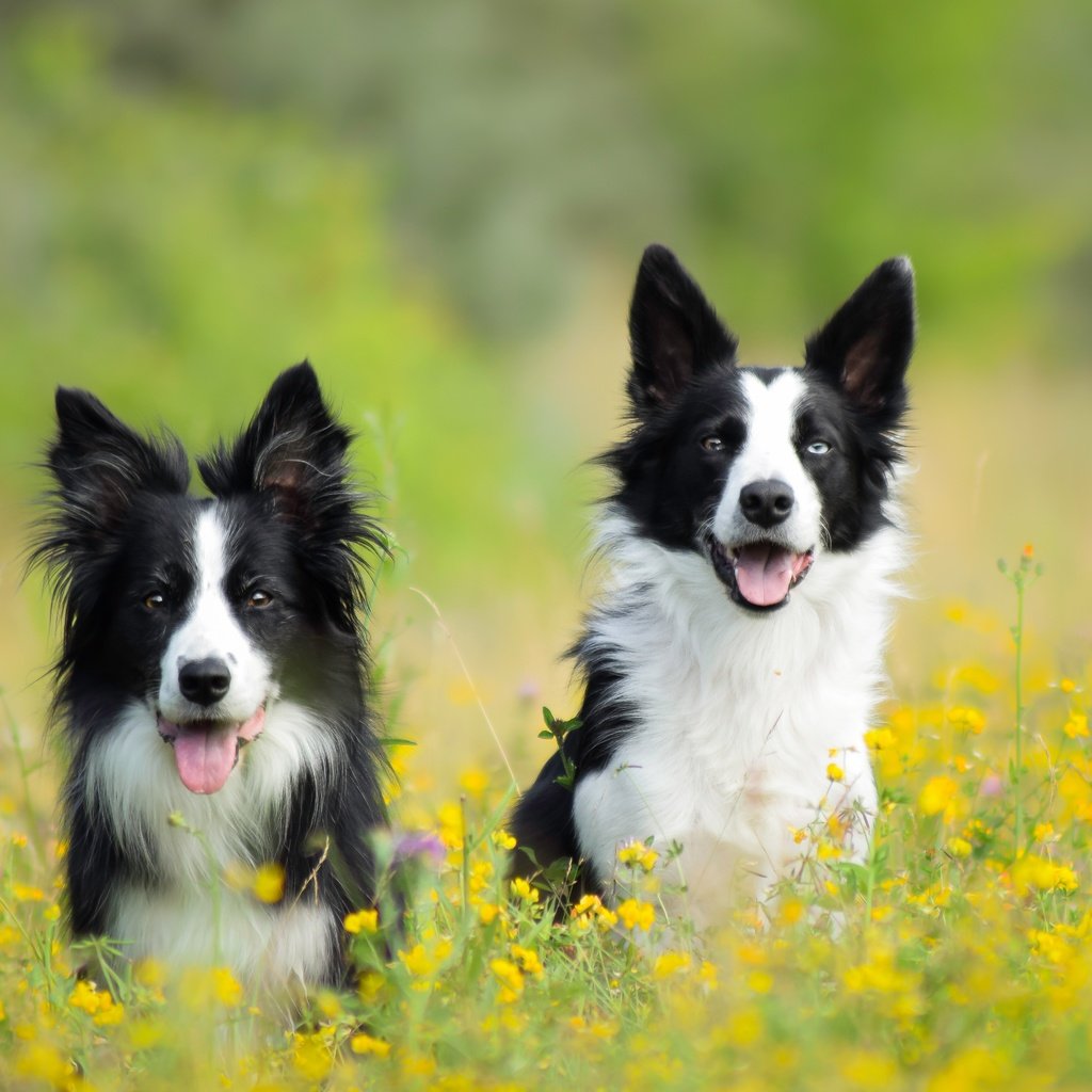 Обои цветы, луг, пара, собаки, бордер-колли, две собаки, flowers, meadow, pair, dogs, the border collie, two dogs разрешение 5673x3782 Загрузить