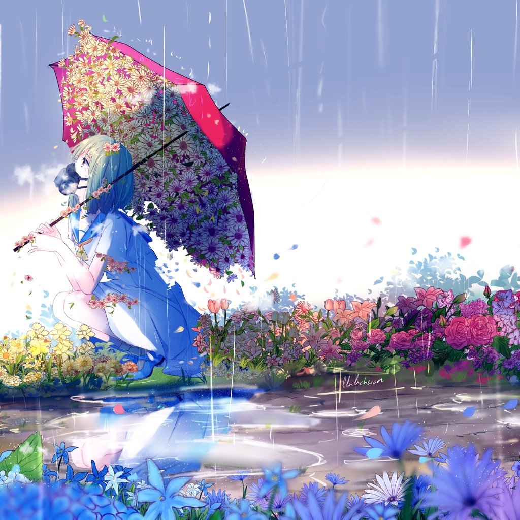 Обои цветы, девушка, аниме, дождь, зонтик, противогаз, flowers, girl, anime, rain, umbrella, gas mask разрешение 3507x2480 Загрузить