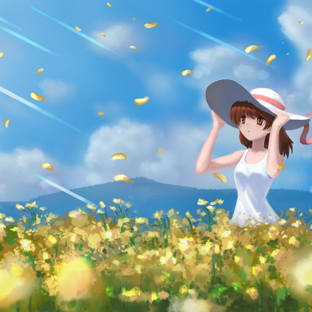 Обои облака, поле, лепестки, шляпа, clannad, furukawa nagisa, clouds, field, petals, hat разрешение 3840x2160 Загрузить
