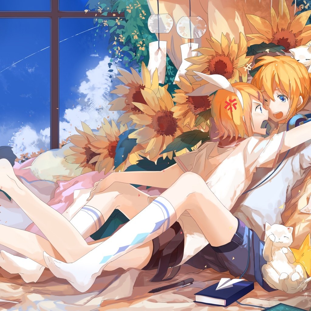 Обои вокалоид, подсолнухи, kagamine rin, блонд, kagamine len, vocaloid, sunflowers, blonde разрешение 2021x1200 Загрузить