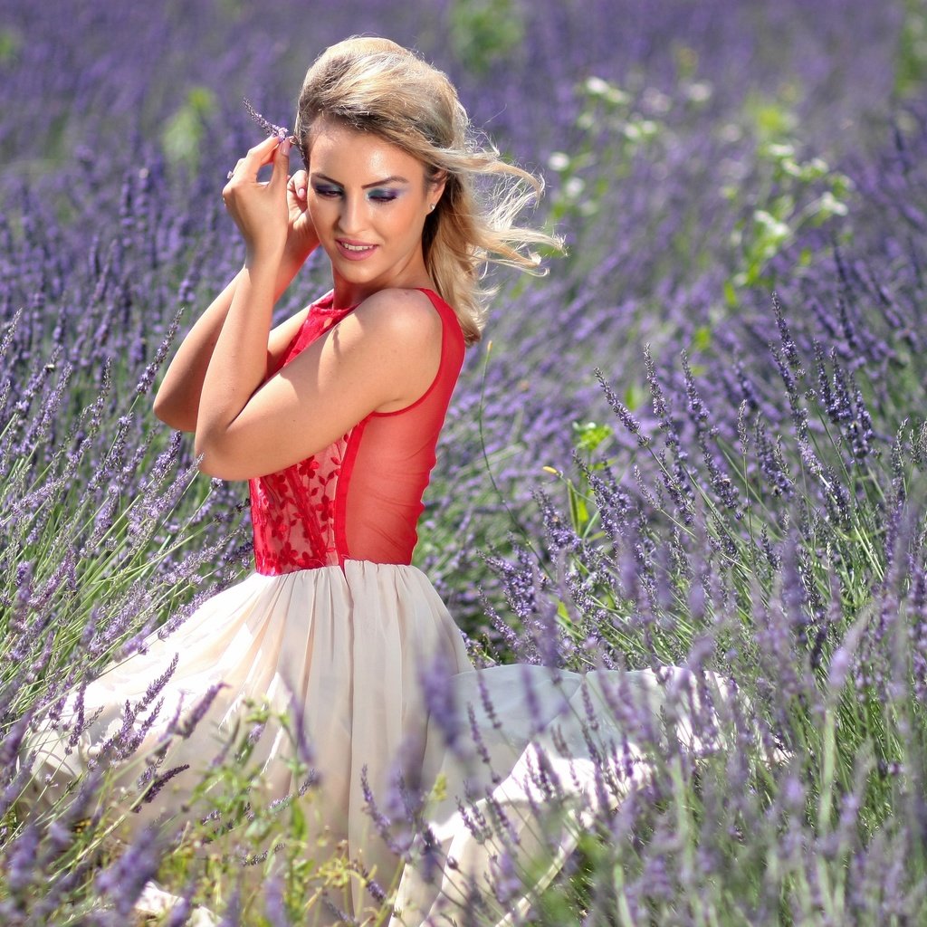 Обои цветы, природа, девушка, платье, блондинка, лаванда, красота, flowers, nature, girl, dress, blonde, lavender, beauty разрешение 4272x2848 Загрузить