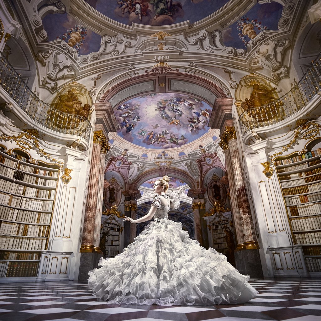 Обои девушка, настроение, платье, книги, зал, танец, библиотека, girl, mood, dress, books, hall, dance, library разрешение 3000x2254 Загрузить