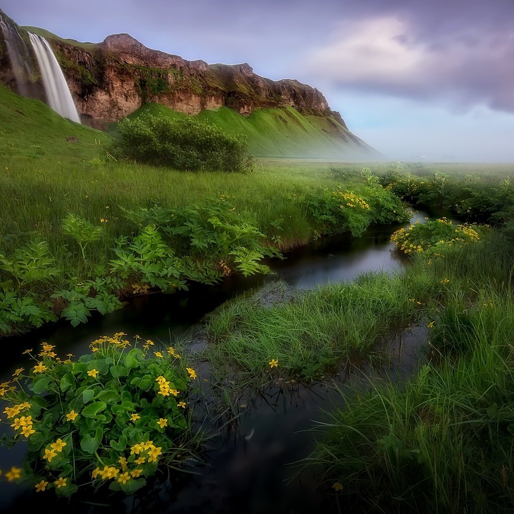 Обои небо, водопад, цветы, трава, облака, река, природа, пейзаж, гора, the sky, waterfall, flowers, grass, clouds, river, nature, landscape, mountain разрешение 2048x1450 Загрузить