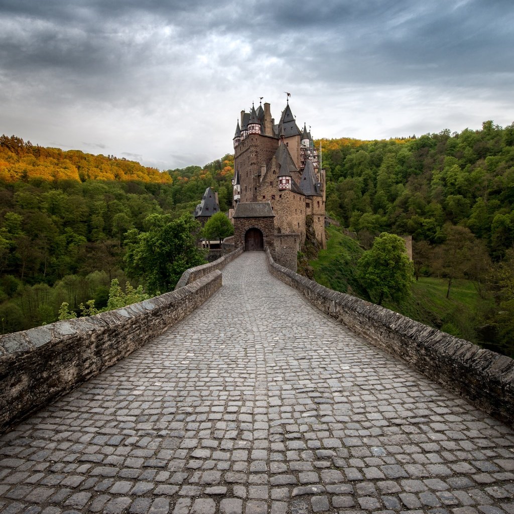 Обои деревья, горы, мост, замок, германия, замок эльц, trees, mountains, bridge, castle, germany, eltz castle разрешение 7153x4630 Загрузить