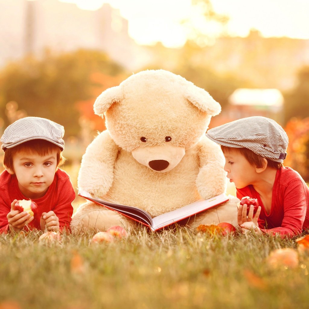 Обои трава, природа, медведь, дети, игрушка, книга, мальчики, grass, nature, bear, children, toy, book, boys разрешение 6000x4000 Загрузить