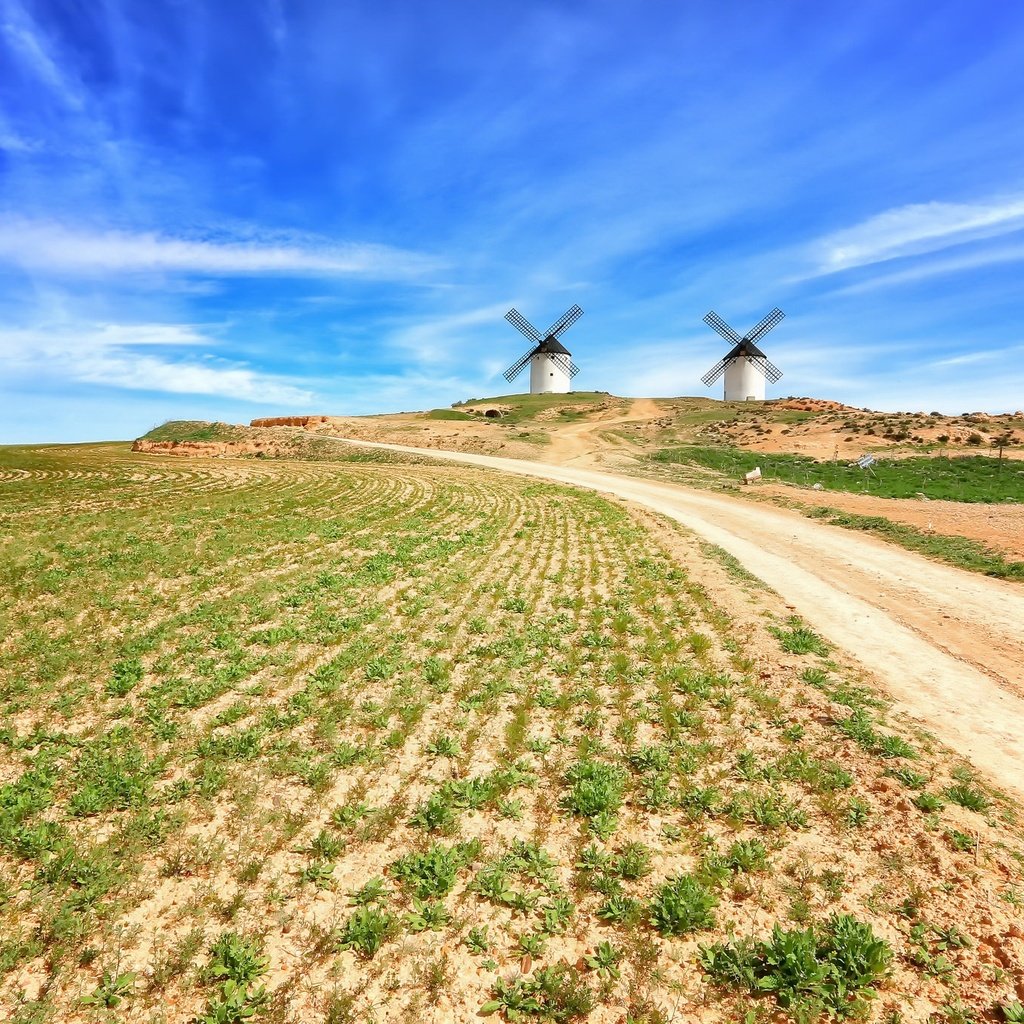 Обои небо, дорога, облака, поле, лето, мельница, molinos, castilla la mancha, the sky, road, clouds, field, summer, mill разрешение 2048x1365 Загрузить