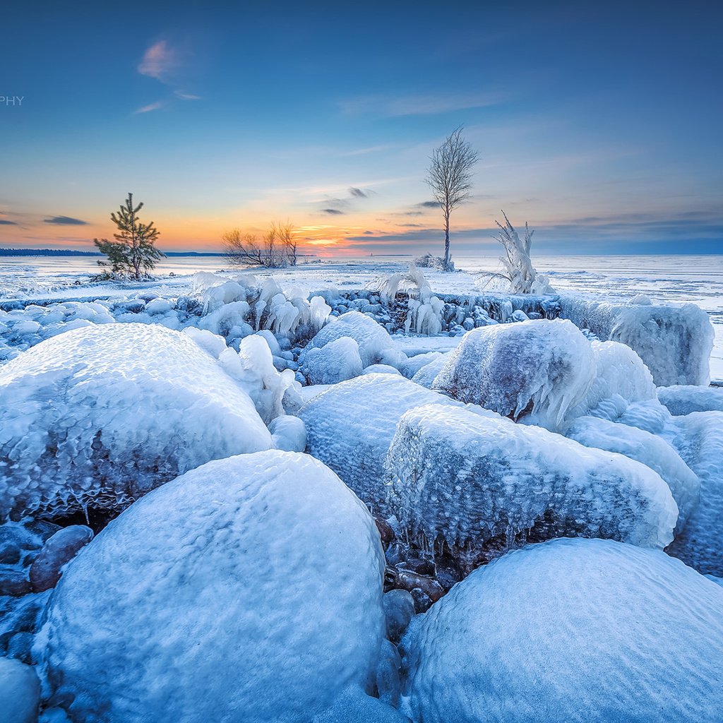 Обои небо, лёд, деревья, озеро, природа, камни, закат, зима, пейзаж, the sky, ice, trees, lake, nature, stones, sunset, winter, landscape разрешение 1920x1200 Загрузить