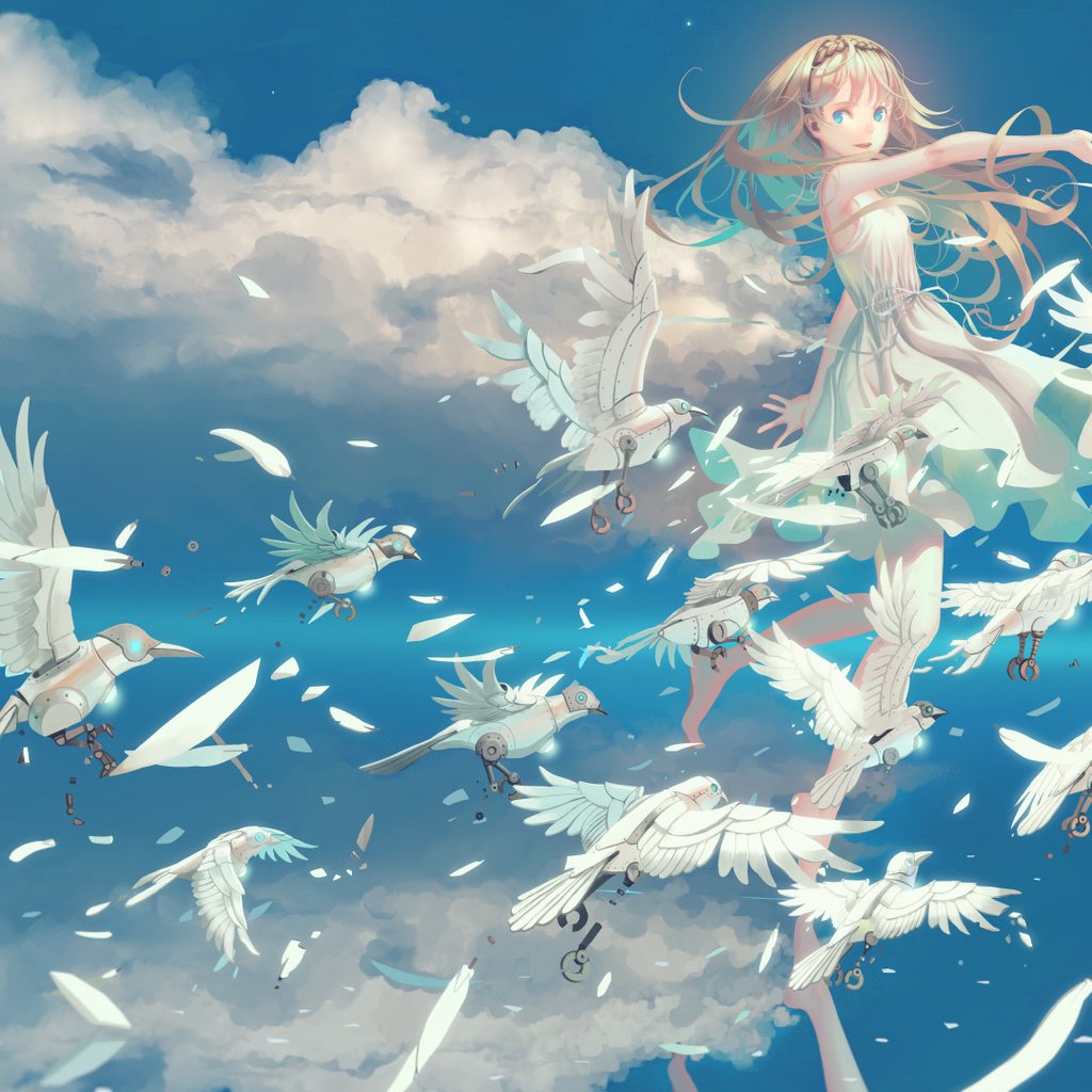 Обои небо, облака, девушка, аниме, птицы, the sky, clouds, girl, anime, birds разрешение 1920x1080 Загрузить