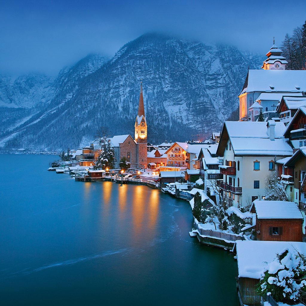 Обои озеро, горы, зима, город, австрия, хальштадт, lake, mountains, winter, the city, austria, hallstadt разрешение 1920x1200 Загрузить