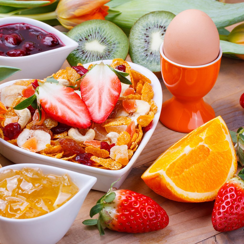 Обои фрукты, ягоды, завтрак, яйцо, мюсли, fruit, berries, breakfast, egg, muesli разрешение 1920x1200 Загрузить