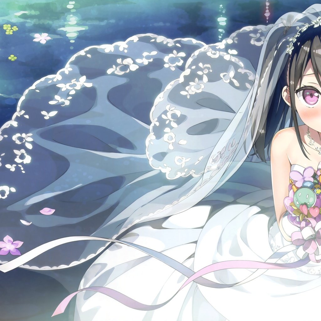 Обои невесты,  цветы, свадебное платье, волосы черные, аниме девочка, bride, flowers, wedding dress, black hair, anime girl разрешение 3000x1850 Загрузить
