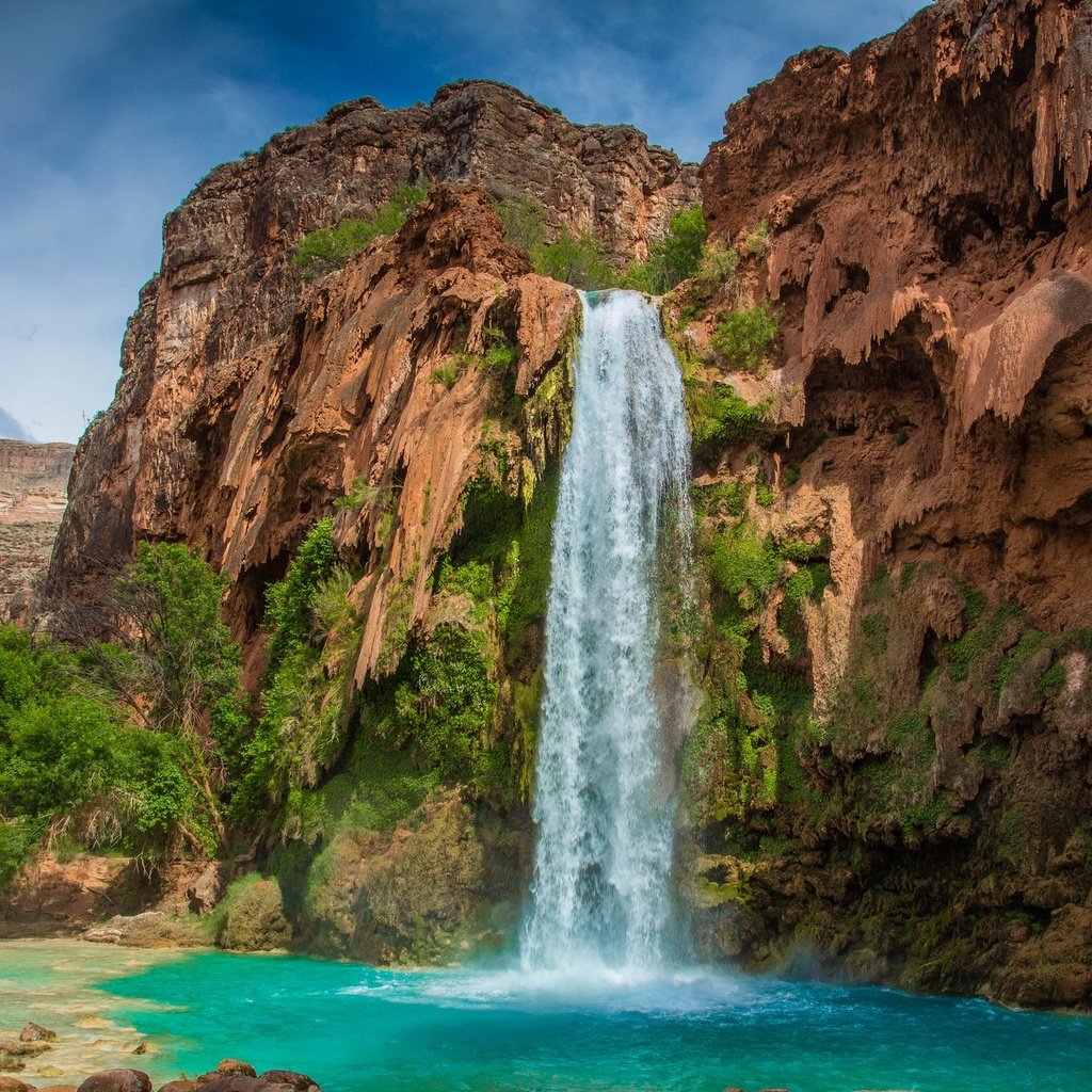Обои вода, скала, водопад, сша, гранд-каньон, водопад хавасу, water, rock, waterfall, usa, the grand canyon, havasu falls разрешение 2048x1344 Загрузить