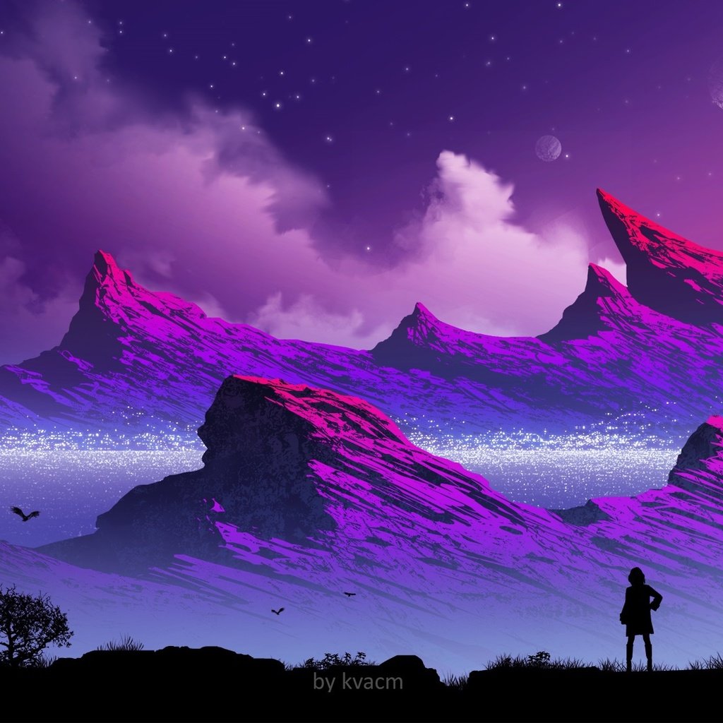 Обои горы, девушка, силуэт, mountains, girl, silhouette разрешение 1920x1080 Загрузить