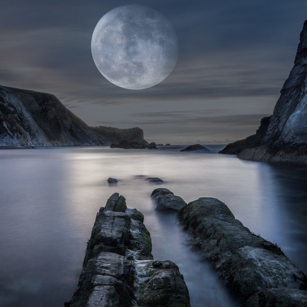 Обои вода, горы, природа, луна, залив, полнолуние, water, mountains, nature, the moon, bay, the full moon разрешение 1920x1080 Загрузить