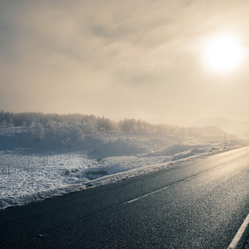 Обои дорога, зима, утро, туман, road, winter, morning, fog разрешение 2048x1367 Загрузить