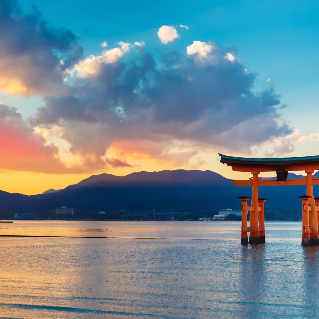 Обои небо, облака, закат, море, япония, torii gate, the sky, clouds, sunset, sea, japan разрешение 3840x2160 Загрузить