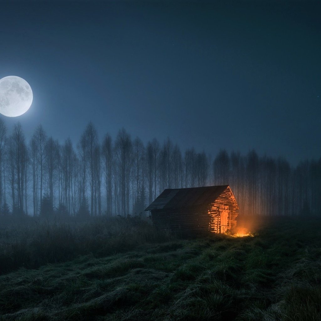 Обои ночь, деревья, луна, огонь, дом, night, trees, the moon, fire, house разрешение 2048x1152 Загрузить