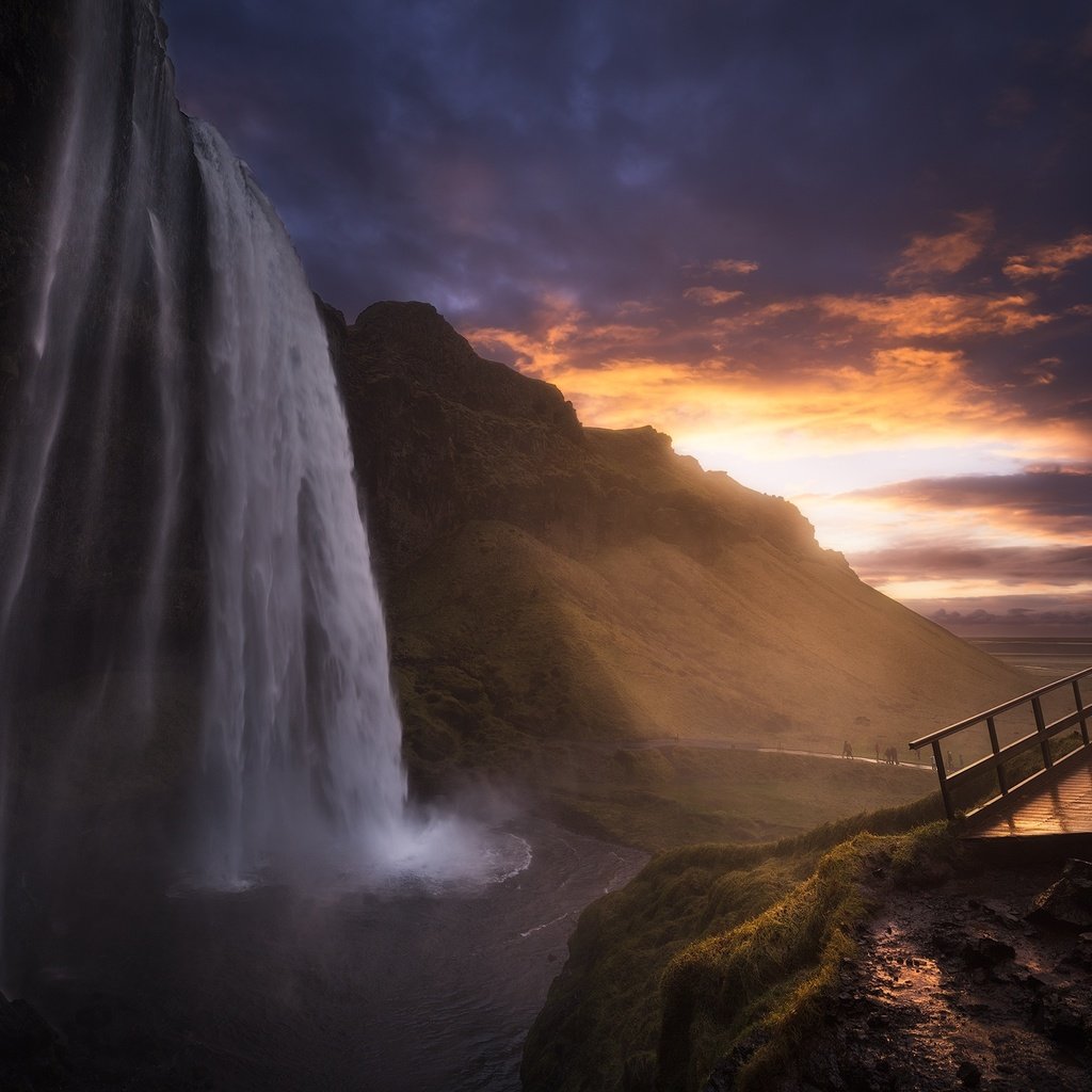 Обои скалы, закат, водопад, исландия, rocks, sunset, waterfall, iceland разрешение 2048x1364 Загрузить