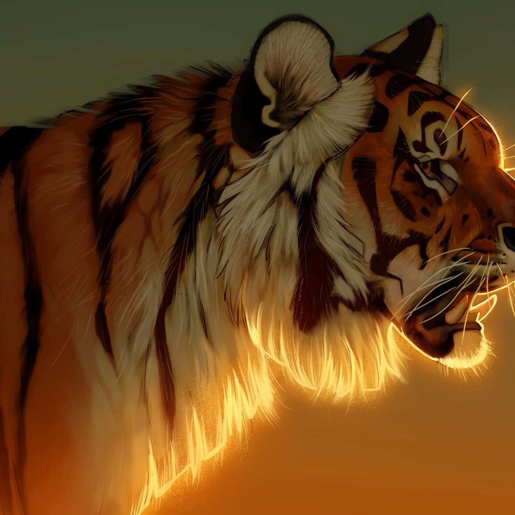 Обои тигр, профиль, морда, живопись, свет, арт, рисунок, фон, портрет, взгляд, tiger, profile, face, painting, light, art, figure, background, portrait, look разрешение 5178x3870 Загрузить