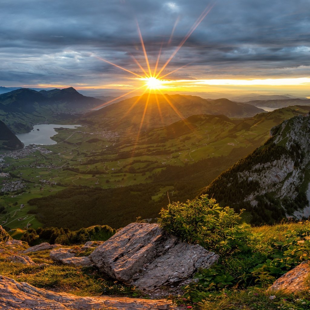 Обои деревья, горы, солнце, природа, пейзаж, швейцария, trees, mountains, the sun, nature, landscape, switzerland разрешение 6143x2416 Загрузить