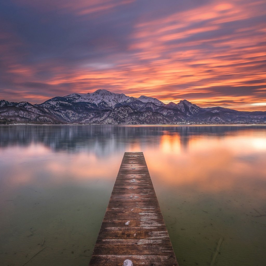 Обои озеро, горы, закат, германия, мостки, бавария, bavarian alps, баварские альпы, баварии, bavaria, lake, mountains, sunset, germany, bridges, bayern, the bavarian alps разрешение 3200x1951 Загрузить