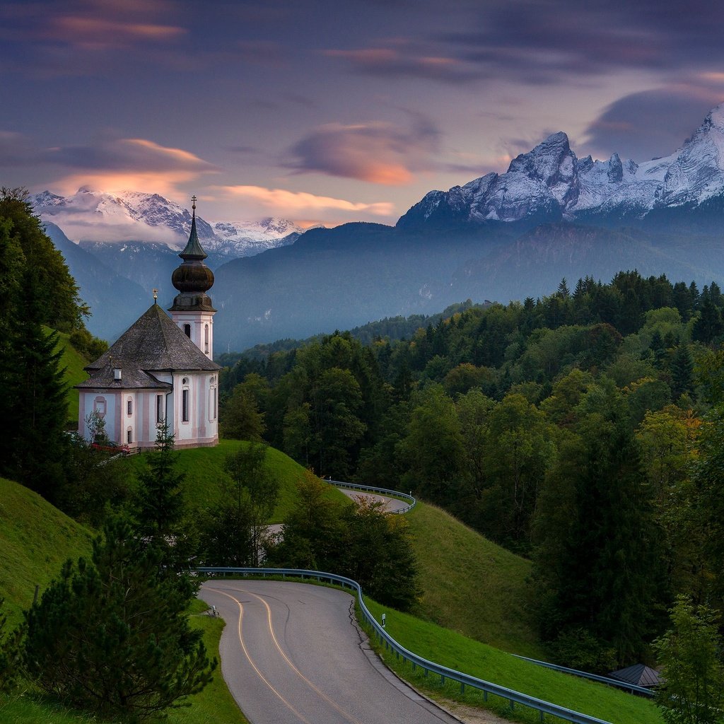 Обои дорога, mount watzmann, горы, берхтесгаден, лес, гора вацманн, church maria gern, церковь, церковь мария герн, германия, бавария, bavarian alps, баварские альпы, баварии, bavaria, road, mountains, berchtesgaden, forest, church, germany, bayern, the bavarian alps разрешение 2048x1365 Загрузить