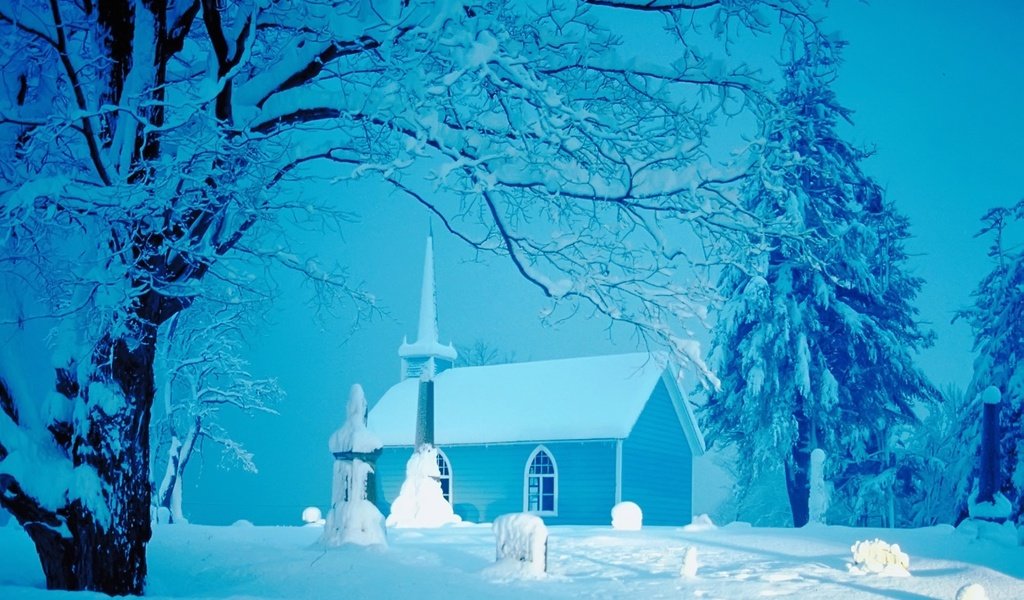 Обои снег, зима, церковь, елки, домик, snow, winter, church, tree, house разрешение 1920x1200 Загрузить