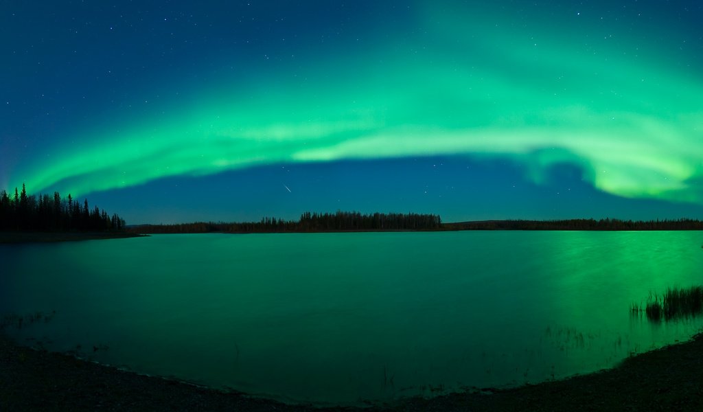 Обои ночь, река, северное сияние, night, river, northern lights разрешение 3360x1320 Загрузить