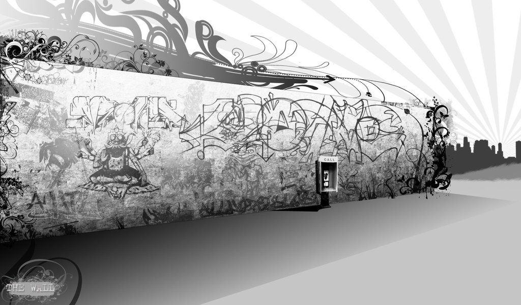 Обои стена, черно-белая, телефон, граффити, wall, black and white, phone, graffiti разрешение 1920x1200 Загрузить