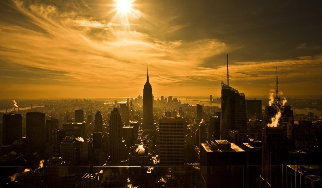 Обои солнце, небоскребы, сепия, нью-йорк, the sun, skyscrapers, sepia, new york разрешение 2560x1600 Загрузить