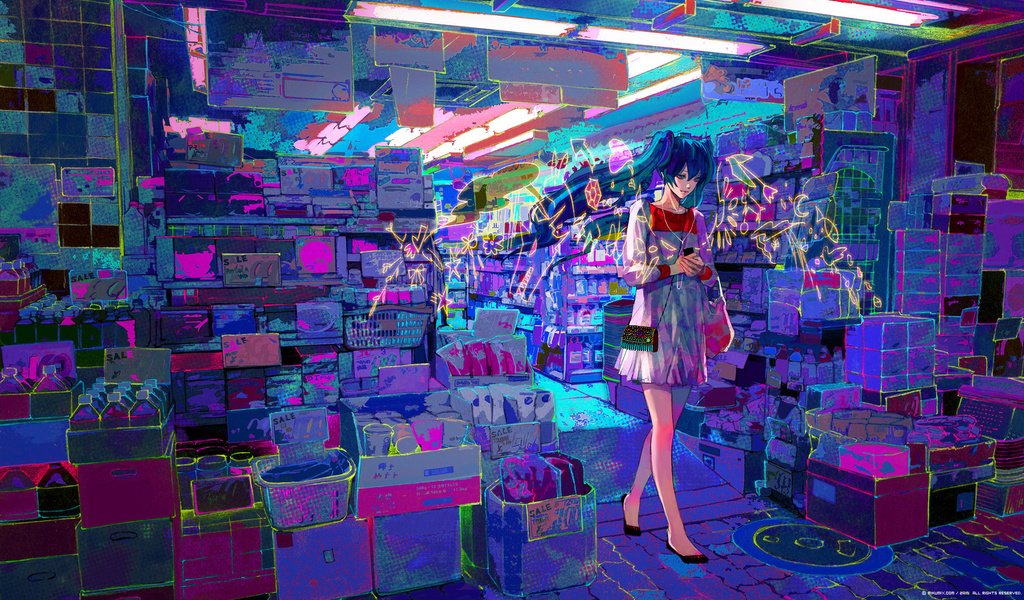 Обои арт, город, улица, вокалоид, магазин, мику хацунэ, art, the city, street, vocaloid, shop, hatsune miku разрешение 1920x1200 Загрузить