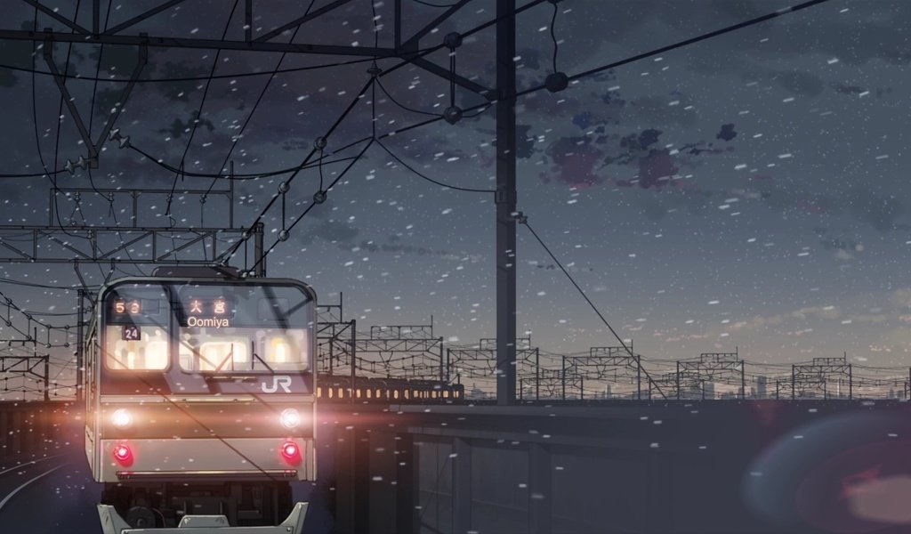 Обои снег, макото синкай, 5 сантиметров в секунду, поезд, snow, makoto xingkai, 5 centimeters per second, train разрешение 1920x1080 Загрузить