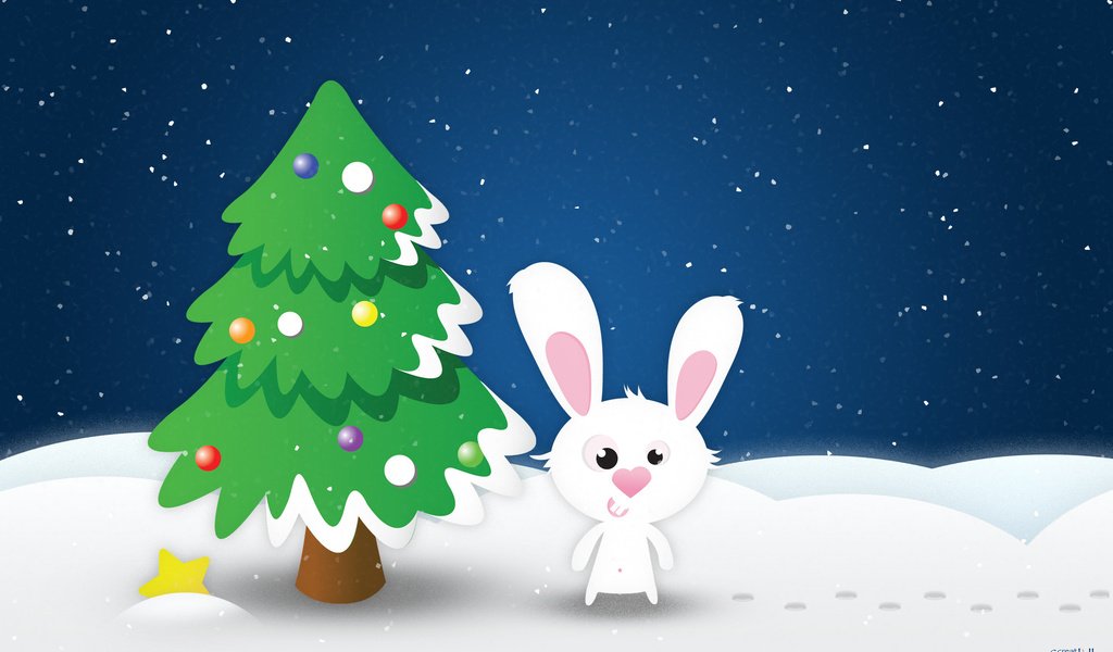 Обои снег, новый год, елка, звезда, кролик, заяц, snow, new year, tree, star, rabbit, hare разрешение 2560x1600 Загрузить