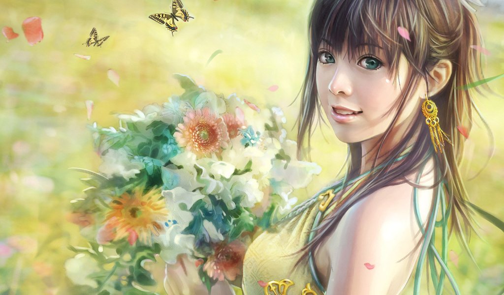 Обои цветы, рисунок, букет, бабочки, i-chen lin, flowers, figure, bouquet, butterfly разрешение 1920x1200 Загрузить