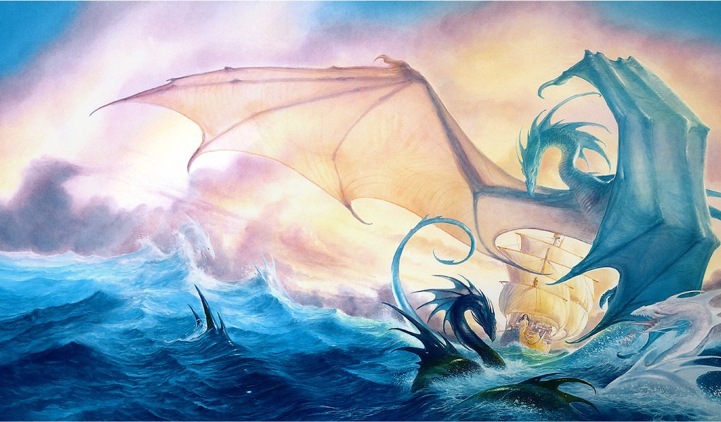 Обои фентези, море, корабль, драконы, fantasy, sea, ship, dragons разрешение 1950x1100 Загрузить