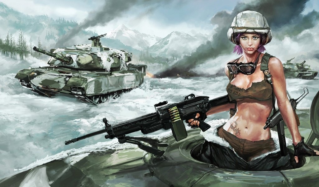 Обои снег, девушка, танк, пулемет, snow, girl, tank, machine gun разрешение 1920x1200 Загрузить