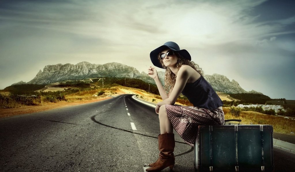 Обои дорога, горы, девушка, чемодан, road, mountains, girl, suitcase разрешение 1920x1200 Загрузить