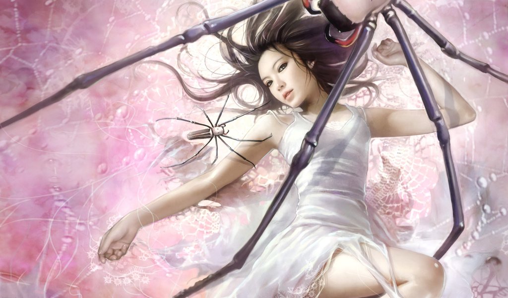 Обои девушка, паутина, i-chen lin, пауки, белое платье, girl, web, spiders, white dress разрешение 2560x1600 Загрузить