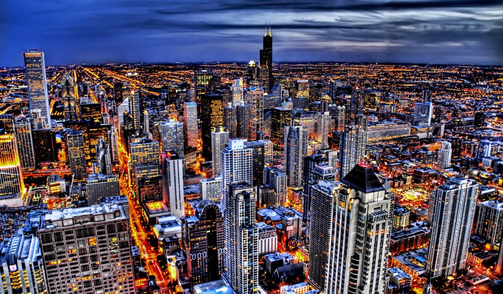 Обои вечер, город, небоскребы, мегаполис, чикаго, городской пейзаж, the evening, the city, skyscrapers, megapolis, chicago, the urban landscape разрешение 2560x1600 Загрузить