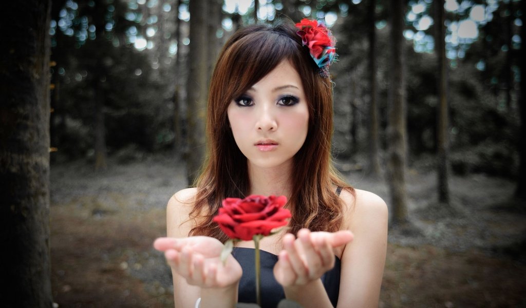 Обои девушка, брюнетка, роза, макияж, азиатка, mikako zhang kaijie, girl, brunette, rose, makeup, asian разрешение 2560x1600 Загрузить