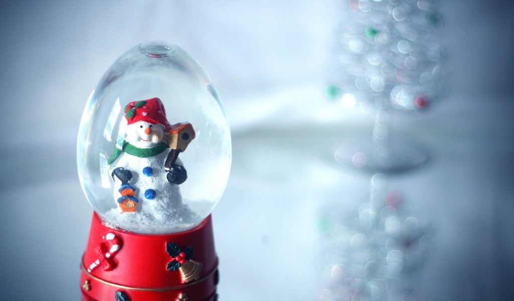 Обои новый год, снеговик, стеклянный шар, сувенир, new year, snowman, glass globe, souvenir разрешение 1920x1280 Загрузить