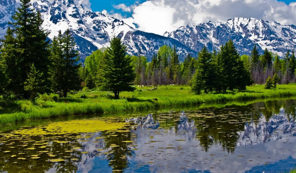 Обои небо, река, горы, лес, отражение, the sky, river, mountains, forest, reflection разрешение 1920x1200 Загрузить