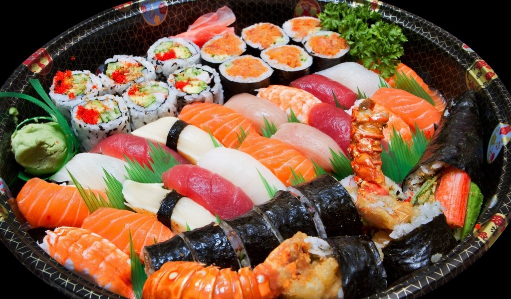 Обои рыба, икра, суши, роллы, морепродукты, креветки, ассорти, fish, caviar, sushi, rolls, seafood, shrimp, cuts разрешение 1920x1200 Загрузить