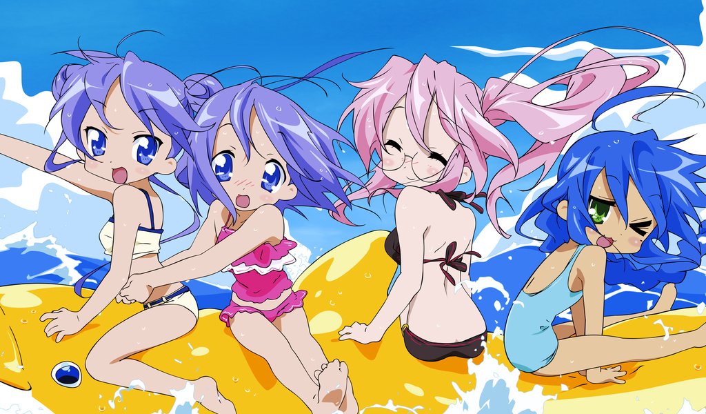 Обои lucky star, izumi konata, hiiragi tsukasa, hiiragi kagami, takara miyuki разрешение 1920x1200 Загрузить