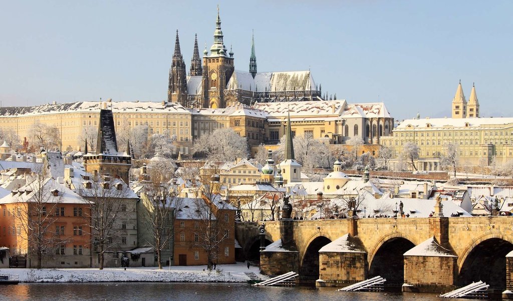 Обои зима, мост, прага, чехия, старый город, winter, bridge, prague, czech republic, old town разрешение 1920x1200 Загрузить