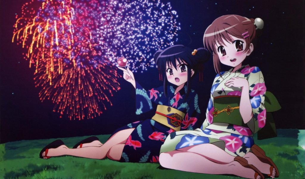 Обои shakugan no shana, shana, japanese clothes, yoshida kazumi, юката, феерверк, yukata, fireworks разрешение 3864x2795 Загрузить